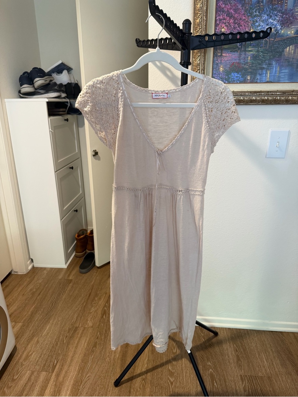 Max & Co. Beige Linen-Blend Lace Sleeve Midi Dress